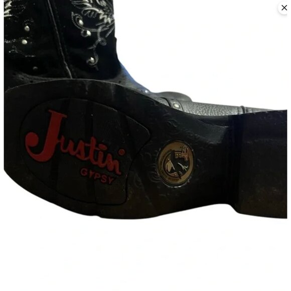 Justin Black Leather Western Boots With Embroidered Wing Design & Square Toe 8.5 - Picture 9 of 11